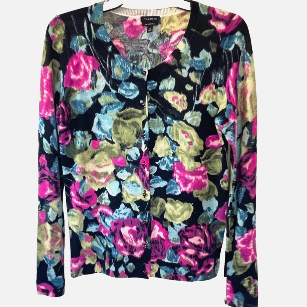 Talbots Merino Wool Floral Cardigan XS Black Pink Blue Button Front Sweater